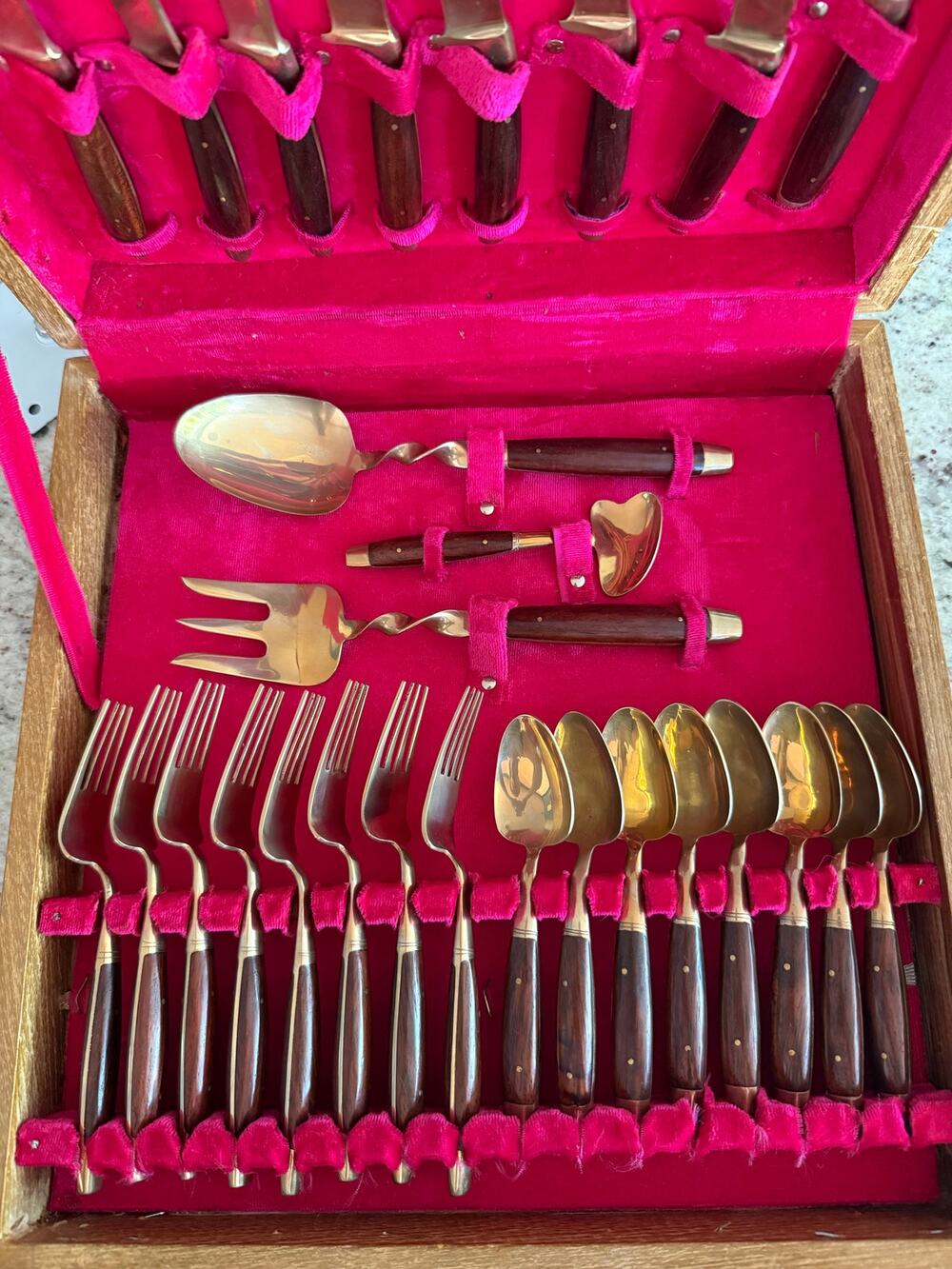 29-Piece Mid-Century Modern Rosewood & Brass Flatware Set w/ Original Box